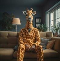 ai genererad en man klädd i giraff Kläder sitter på en soffa, foto