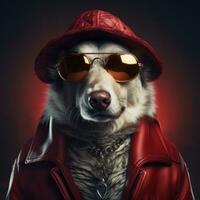 ai genererad en hund klädd tycka om en man bär jacka, solglasögon och hatt, foto