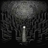 ai genererad svart och vit grunge geometrisk stam- labyrint. overkligt stil. foto