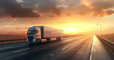 ai genererad en semi lastbil korsning en motorväg i ljus solnedgång, foto