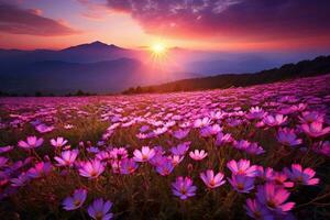 ai genererad en soluppgång över en lila blomma fält nära berg, foto