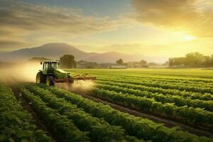 ai genererad en traktor besprutning ett jordbruks fält på solnedgång, foto