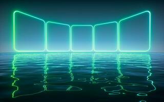 lysande neon rader med vatten yta bakgrund, 3d tolkning. foto