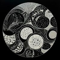 ai genererad abstrakt cirkel med vågig mönster i svart och vit färger. surrealist stil foto