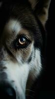 ai genererad närbild hes hund öga, porträtt av djur- på mörk bakgrund. ai genererad foto