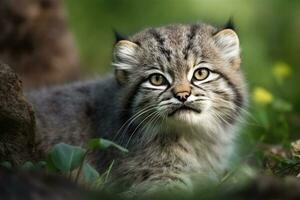 ai genererad manul Valp i natur på sommar skog bakgrund. närbild djur- porträtt. ai genererad foto