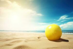 ai genererad uppblåsbar boll på de strand, sommar semester bakgrund. ai genererad foto