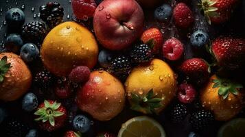 ai genererad närbild av färsk frukt med vatten droppar på mörk bakgrund. friska mat begrepp foto