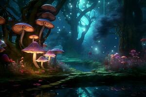 ai genererad en magisk skog glänta med bioluminescerande foto