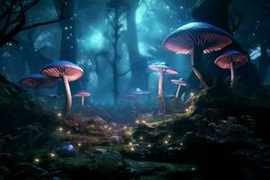 ai genererad en magisk skog glänta med bioluminescerande foto