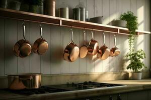 ai genererad en minimalistisk kök med hängande koppar kastruller foto