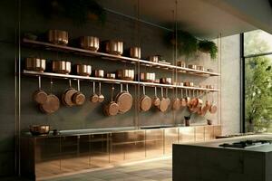 ai genererad en minimalistisk kök med hängande koppar kastruller foto