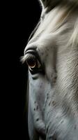 ai genererad närbild vit häst öga, porträtt av djur- på mörk bakgrund. ai genererad foto