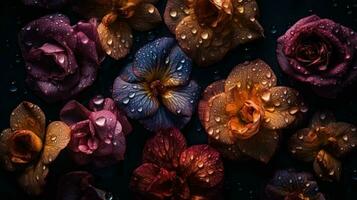 ai genererad blommor med droppar av vatten närbild mörk romantisk bakgrund. vild tapet. ai genererad foto