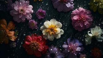 ai genererad skön blommor med droppar av vatten lynnig romantisk bakgrund, blommig baner. ai genererad foto
