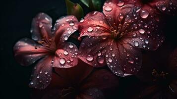 ai genererad blommor med droppar av vatten närbild mörk romantisk bakgrund. ai genererad foto