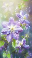 ai genererad blomning clematis blommor med droppar av vatten närbild bakgrund. vår tapet. ai genererad foto