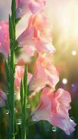 ai genererad närbild gladiolus blommor med droppar av vatten bakgrund. blommig tapet. ai genererad foto