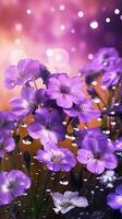 ai genererad närbild violett blommor med vatten droppar bakgrund. ai genererad foto