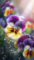 ai genererad blomning pansies blommor med droppar av vatten närbild bakgrund. blommig tapet. ai genererad foto