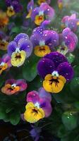 ai genererad blomning pansies blommor med droppar av vatten närbild bakgrund. ai genererad foto