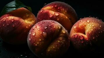 ai genererad närbild av persikor med vatten droppar på mörk bakgrund. frukt tapet foto
