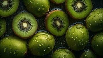 ai genererad närbild av kiwi med vatten droppar på mörk bakgrund. frukt tapet foto