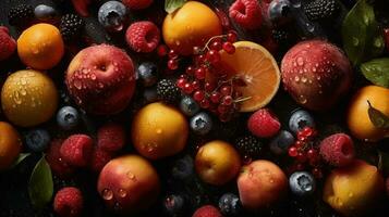 ai genererad närbild av färsk frukt med vatten droppar på mörk bakgrund. friska mat begrepp foto