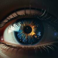 ai genererad realistisk mänsklig öga med reflexion av galax illustration. ai genererad foto