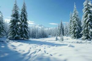 ai genererad en snöig alpina skog med vintergröna träd foto