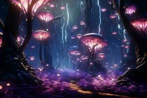 ai genererad en overkligt fantasi skog med nyckfull lysande foto