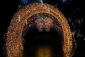 abstrakt fläck bokeh av de jul och ny år dag belysning är formad tycka om en tunnel och fjärilar. foto