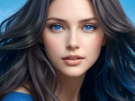 ai genererad en kvinna med vågig glansig hår och fantastisk blå ögon ai generera foto