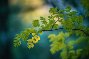 ai genererad mörk lynnig grön löv sommar bakgrund. ai genererad foto