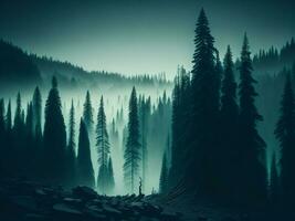 ai genererad dimmig landskap med gran skog i hipster årgång retro stil foto