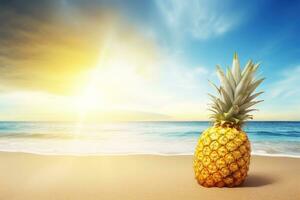 ai genererad färsk ananas på de strand. sommar bakgrund. ai genererad foto