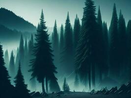 ai genererad dimmig landskap med gran skog i hipster årgång retro stil foto