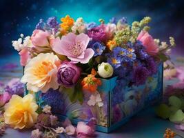 ai genererad blommor uppsättning. skön lyx bukett i de låda. de arbete av de blomsterhandlare på en blomma affär. foto