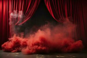 ai genererad scen med en röd ridå i en moln av rök. generativ ai foto