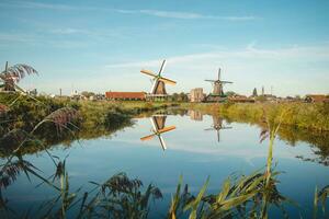 populär turist fläck zaanse schans är nära amsterdam i de väst av de nederländerna. historisk, realistisk väderkvarnar under soluppgång. hollands landmärke foto