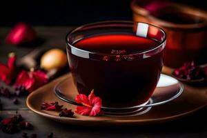 ai genererad en kopp av röd te med blommor på en trä- tabell foto
