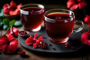 ai genererad röd te med hibiskus blommor på en trä- tabell foto