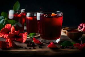 ai genererad röd dryck med hibiskus blommor och löv foto