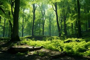 ai genererad en lugn skog glänta med solljus filtrering foto