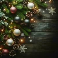 ai genererad jul dekorationer på en trä- bakgrund foto