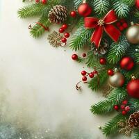 ai genererad jul bakgrund med gran grenar, röd och guld dekorationer foto