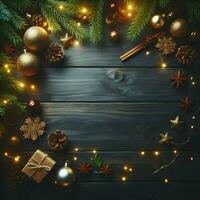 ai genererad jul dekorationer på en trä- tabell med kopia Plats foto