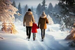 ai genererad bak- se av familj i vinter- semester snöig ai genererad foto