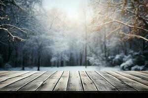ai genererad tömma vinter- trä planka styrelse tabell med snöfall ai genererad foto