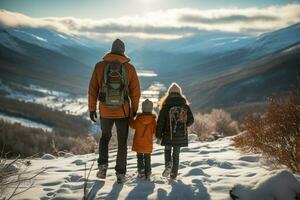 ai genererad bak- se av familj i vinter- semester snöig ai genererad foto